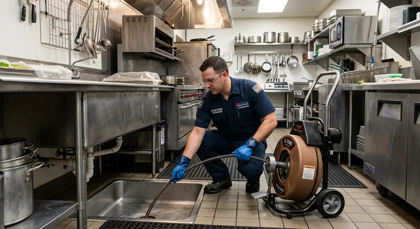 Commercial drain cleaning service in a restaurant kitchen in Albuquerque