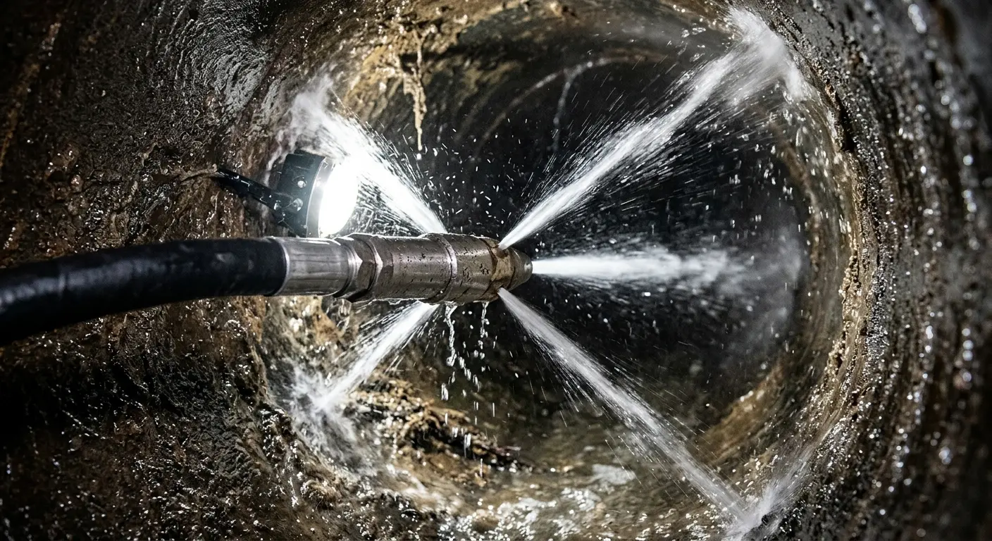 High-pressure hydro jetting nozzle cleaning sewer pipe for Trenchless Sewer Repair in Albuquerque