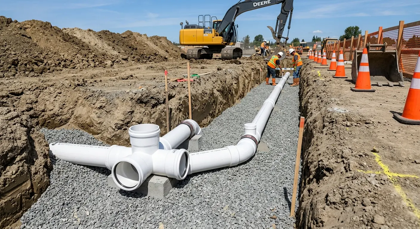 New PVC sewer pipe installation in open trench for Commercial Drain Cleaning in Albuquerque
