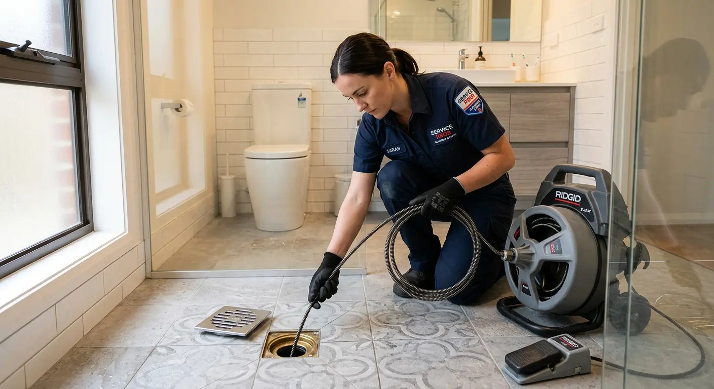 Technician clearing a bathroom floor drain for Clogged Drain Repair in Albuquerque